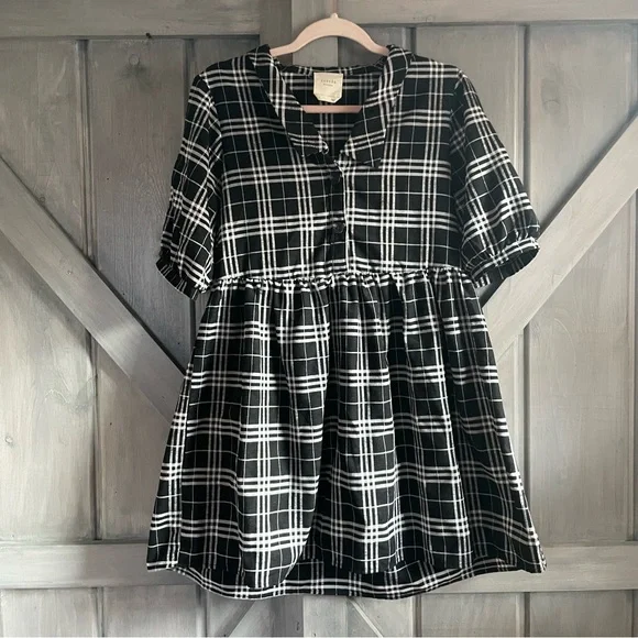 Harper Whimsygoth Black White Plaid Collared Babydoll Mini Dress Fall Addams S - Picture 2 of 6